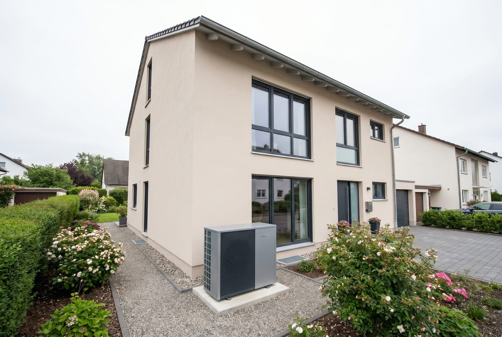 Saniertes Einfamilienhaus mit moderner Wärmepumpe im Vorgarten