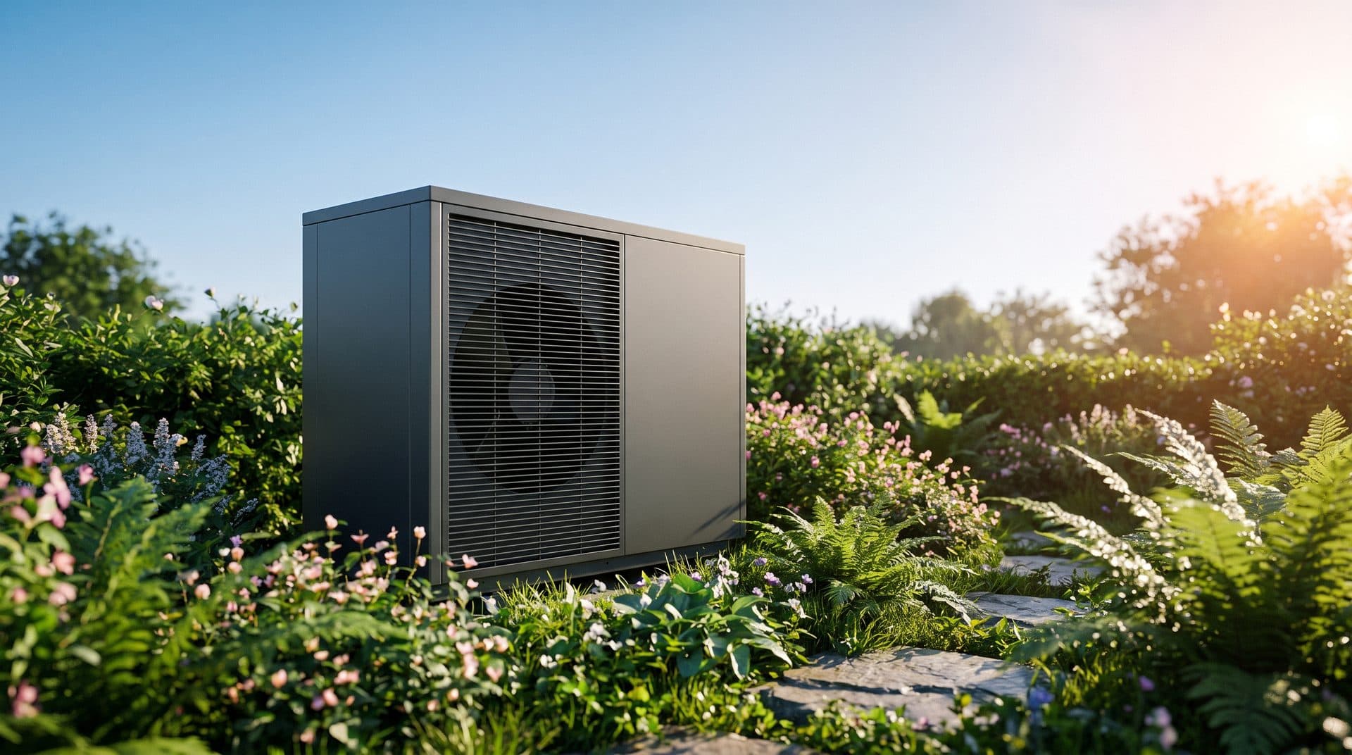 Moderne Wärmepumpe im Garten vor blauem Himmel