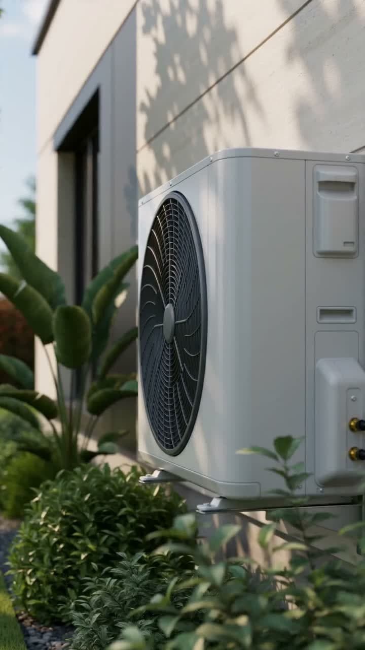 Moderne Wärmepumpe im Garten — der Ventilator läuft