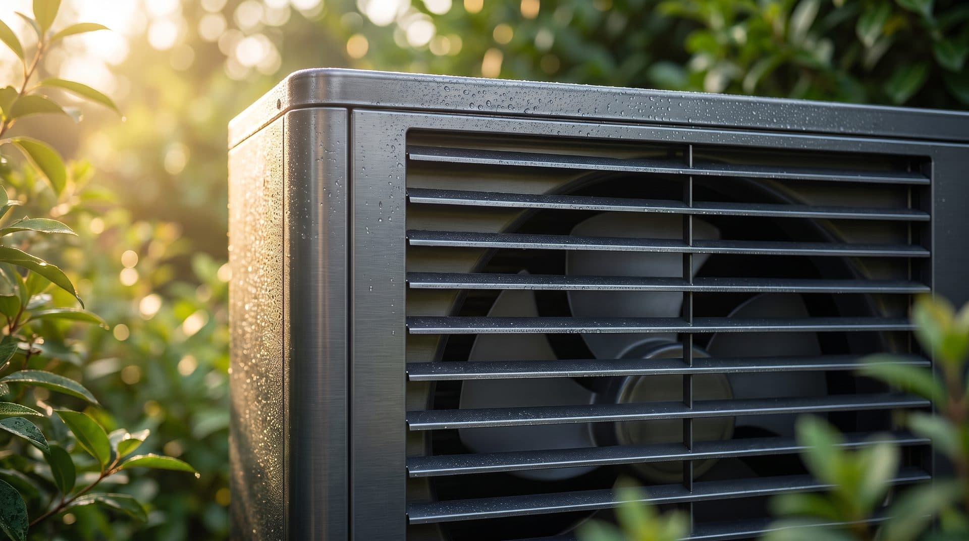 Moderne Wärmepumpe im Garten — der Ventilator läuft